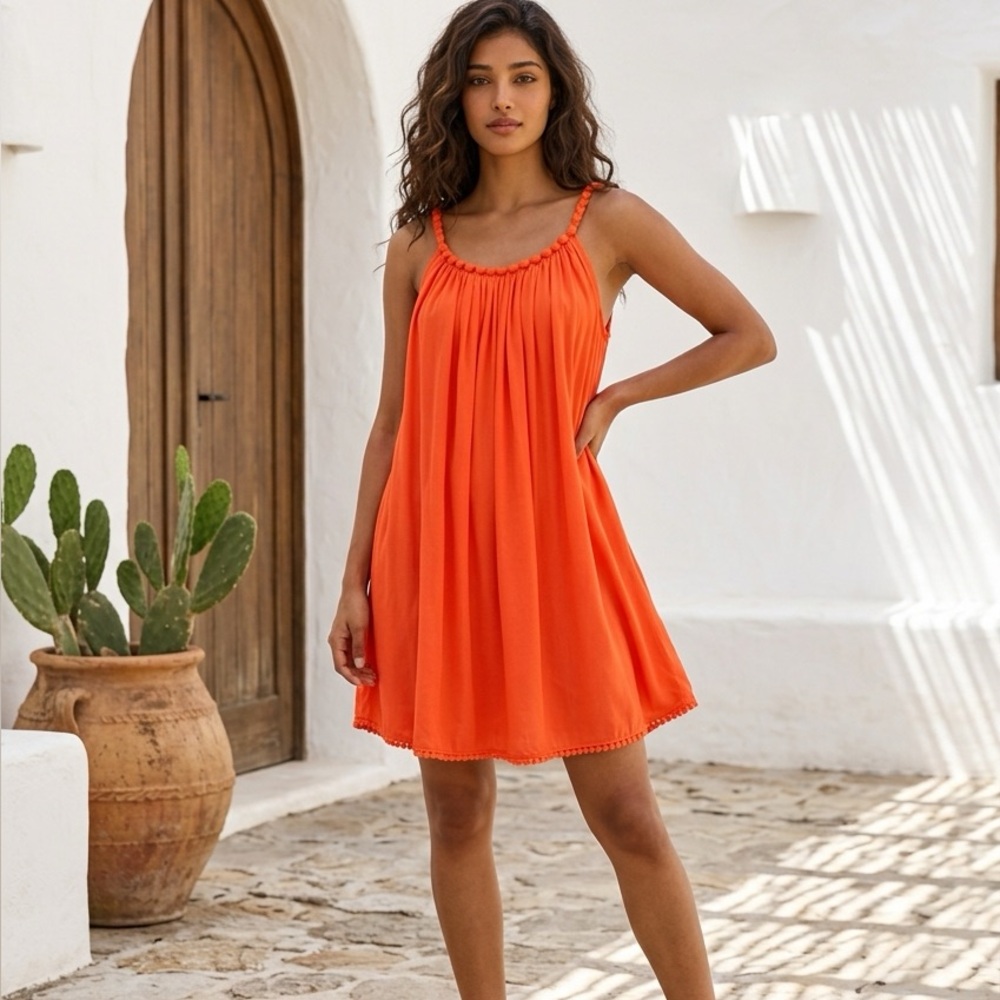 Bright Orange Midi Sundress With Fabric Beaded straps Lightweight Dress Size L